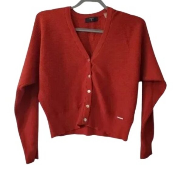Tahari burnt orange ribbed boxy button-up cardigan sweater size M - Picture 2 of 7